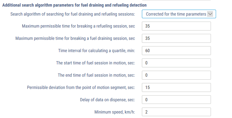 Search algorithm parameters for fuel draining and refueling detection 