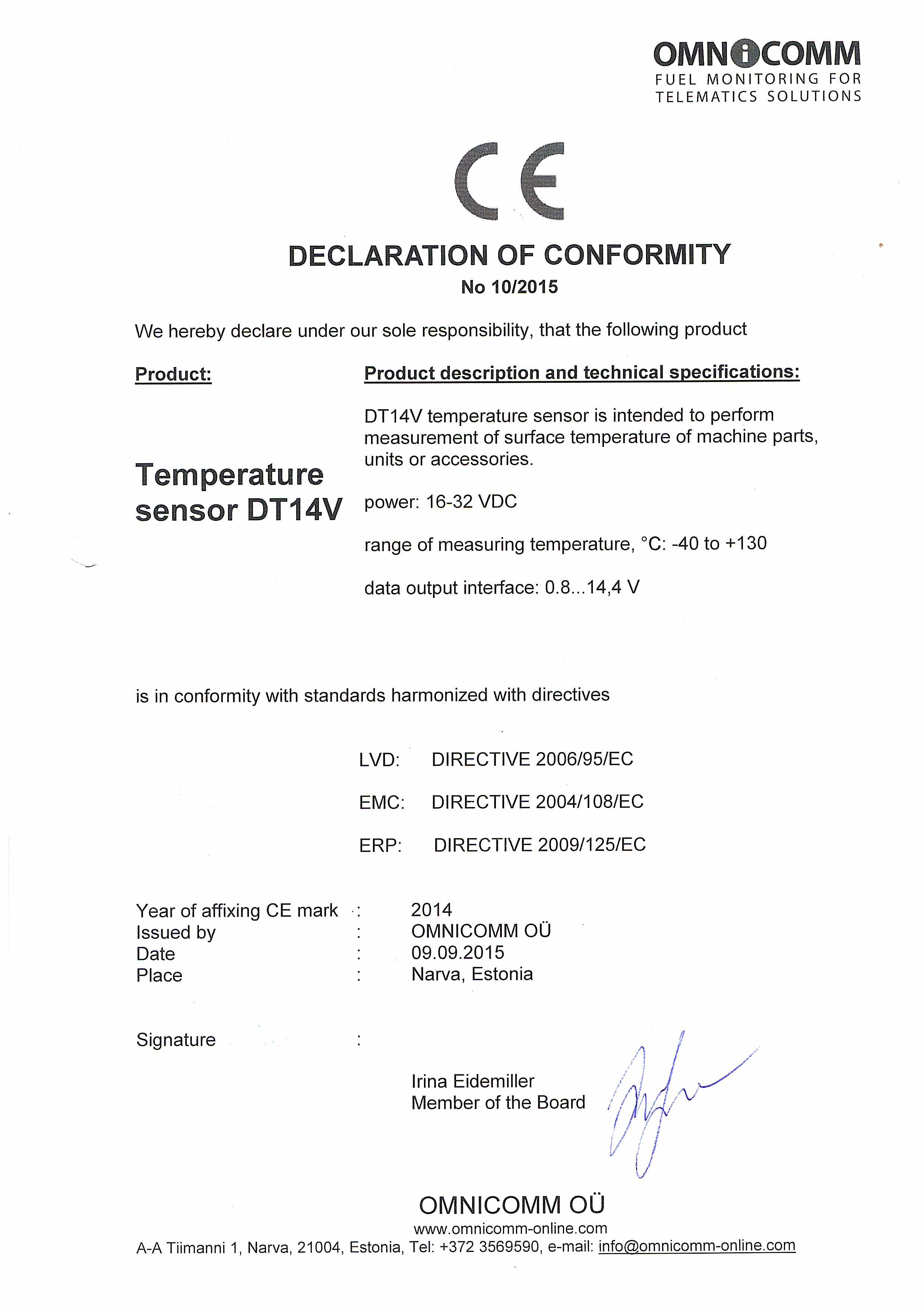 Declaration of CE Conformity Omnicomm Temperature Sensor DT14V — OmniDoc