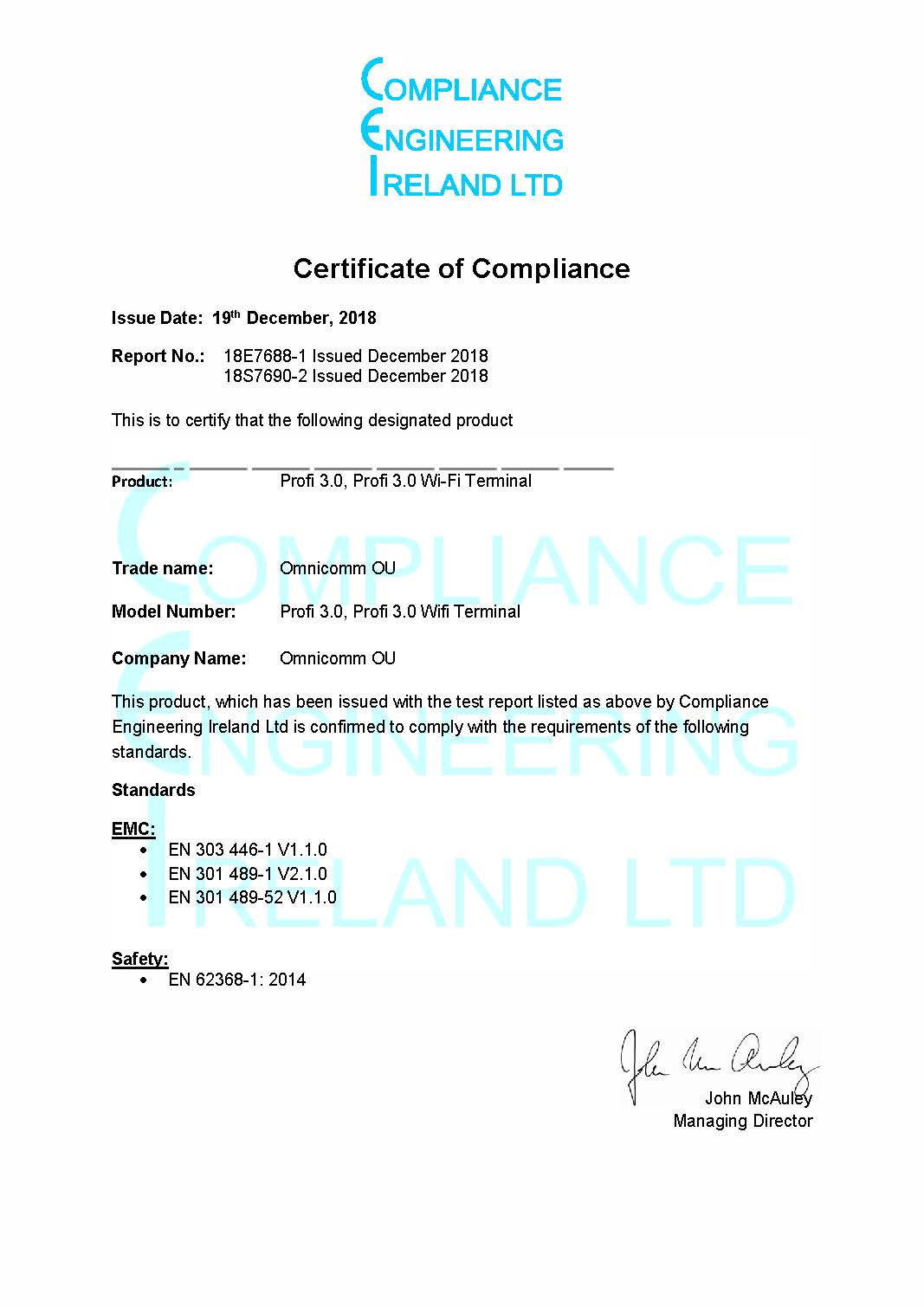  CE Certificate of Compliance 