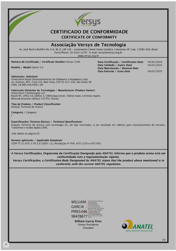  Anatel Certificate of Conformity Omnicomm On-board Terminal Optim 3.0 