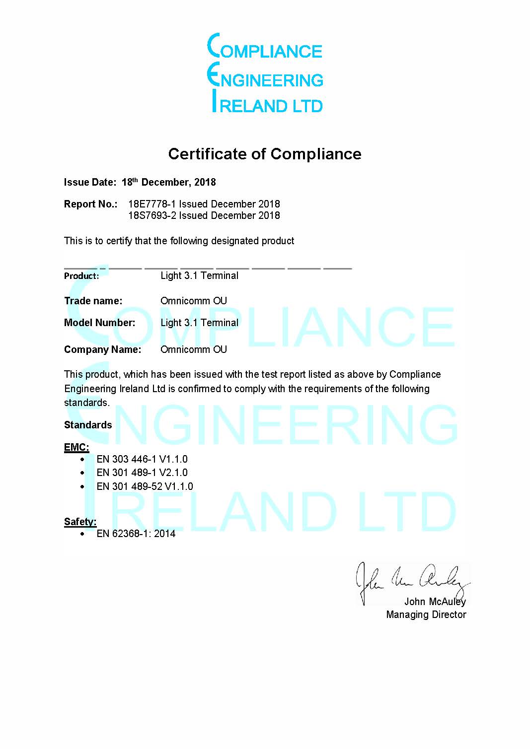  CE Certificate of Compliance 